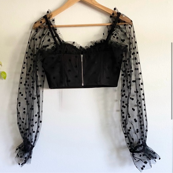 RNWY Sheer Polka Dot Crop Bustier Corset back zip Top | Chloe in Black Spot - Picture 6 of 11